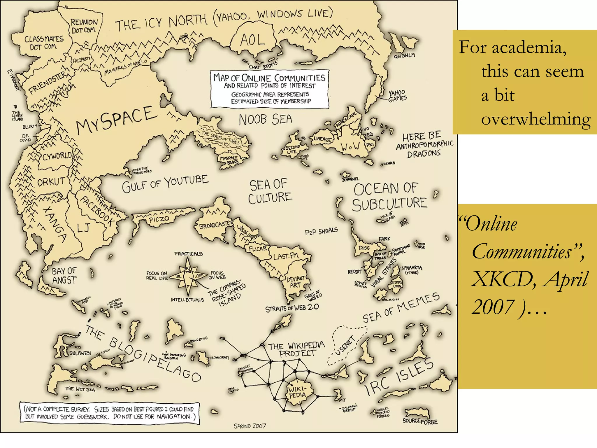 (“Online Communities”, XKCD, April 2007 )… For academia, this can seem a bit overwhelming 