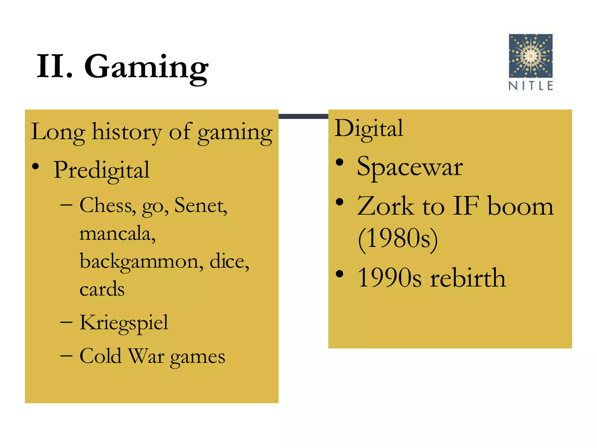 II. Gaming Long history of gaming Predigital Chess, go, Senet, mancala, backgammon, dice, cards Kriegspiel Cold War games Digital Spacewar Zork to IF boom (1980s) 1990s rebirth 