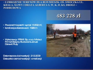 - UZBROJENIE TERENÓW DLA BUD.MIESZK. OŚ. SMOCZKA UL. KHALA, ŚLIWY I BRATA ALBERTA S, W, K, D, KS, DROGI – PODBUDOWA Powierzchnia jezdni wynosi 15 602 m 2 , kanalizacja deszczowa dł. 1926 m Wykonawcy: PRMiI Sp. z o.o. Mielec i Firma Maszyny Budowlane Janusz Dziewit Pluty Data rozpoczęcia inwestycji: 2.12.2009  Data zakończenia inwestycji: w realizacji 483 228 zł 