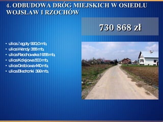 4. ODBUDOWA DRÓG MIEJSKICH W OSIEDLU WOJSŁAW I RZOCHÓW ulica Żegoty 990,0 mb, ulica Wandy 368 mb, ulica Rzochowska 1958 mb, ulica Kolejowa 500 mb, ulica Grabiowa 440 mb, ulica Biedronki 399 mb, 730 868 zł 