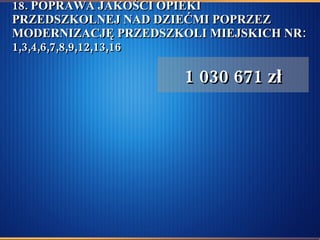 18. POPRAWA JAKOŚCI OPIEKI PRZEDSZKOLNEJ NAD DZIEĆMI POPRZEZ MODERNIZACJĘ PRZEDSZKOLI MIEJSKICH NR: 1,3,4,6,7,8,9,12,13,16 1 030 671 zł 