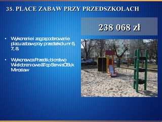 35. PLACE ZABAW PRZY PRZEDSZKOLACH  Wykonanie i zagospodarowanie placu zabaw przy przedszkolu nr 6, 7, 8. Wykonawca Przedsiębiorstwo Wielobranżowe „Top Serwis” Bąk Mirosław  238 068 zł 