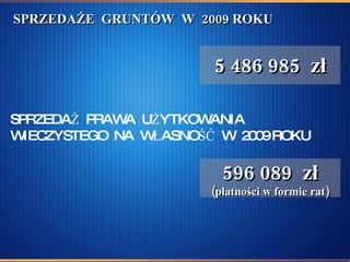 SPRZEDAŻE  GRUNTÓW  W  2009 ROKU 5 486 985  zł SPRZEDAŻ  PRAWA  UŻYTKOWANIA WIECZYSTEGO  NA  WŁASNOŚĆ  W  2009 ROKU 596 089  zł (płatności w formie rat) 