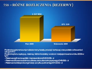 758 – RÓŻNE ROZLICZENIA (REZERWY) Po stronie wykonania w tym dziale mamy koszty prowizji bankowej oraz podatek od towarów i usług (VAT) Po stronie planu występują rezerwy, które nie zostały w całości rozdysponowane w roku 2009 w tym: - Rezerwa ogólna na wydatki nieprzewidziane – 418 238.- zł - Rezerwa celowa na zadania z zakresu zarządzania kryzysowego – 46.696.- zł - Rezerwa na dotacje dla organizacji pożytku publicznego – 13.000.- zł 