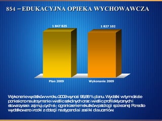 854 – EDUKACYJNA OPIEKA WYCHOWAWCZA Wykonanie wydatków w roku 2009 wynosi 98,88 % planu. Wydatki w tym dziale poniesiono na utrzymanie świetlic szkolnych oraz świetlic profilaktycznych i  stowarzyszeń zajmujących się ograniczeniem skutków patologii społecznej Ponadto wydatkowano środki z dotacji na stypendia i zasiłki dla uczniów. 