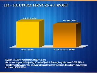926 – KULTURA FIZYCZNA I SPORT Wydatki w 2009 r. wykonano w 89,80 % planu. Na bieżące utrzymanie Miejskiego Ośrodka Sportu i Rekreacji wydatkowano 3.382.943.- zł. Ponadto wydatkowano środki na stypendia sportowe oraz na dotacje dla klubów i stowarzyszeń sportowych – 962 928 zł  