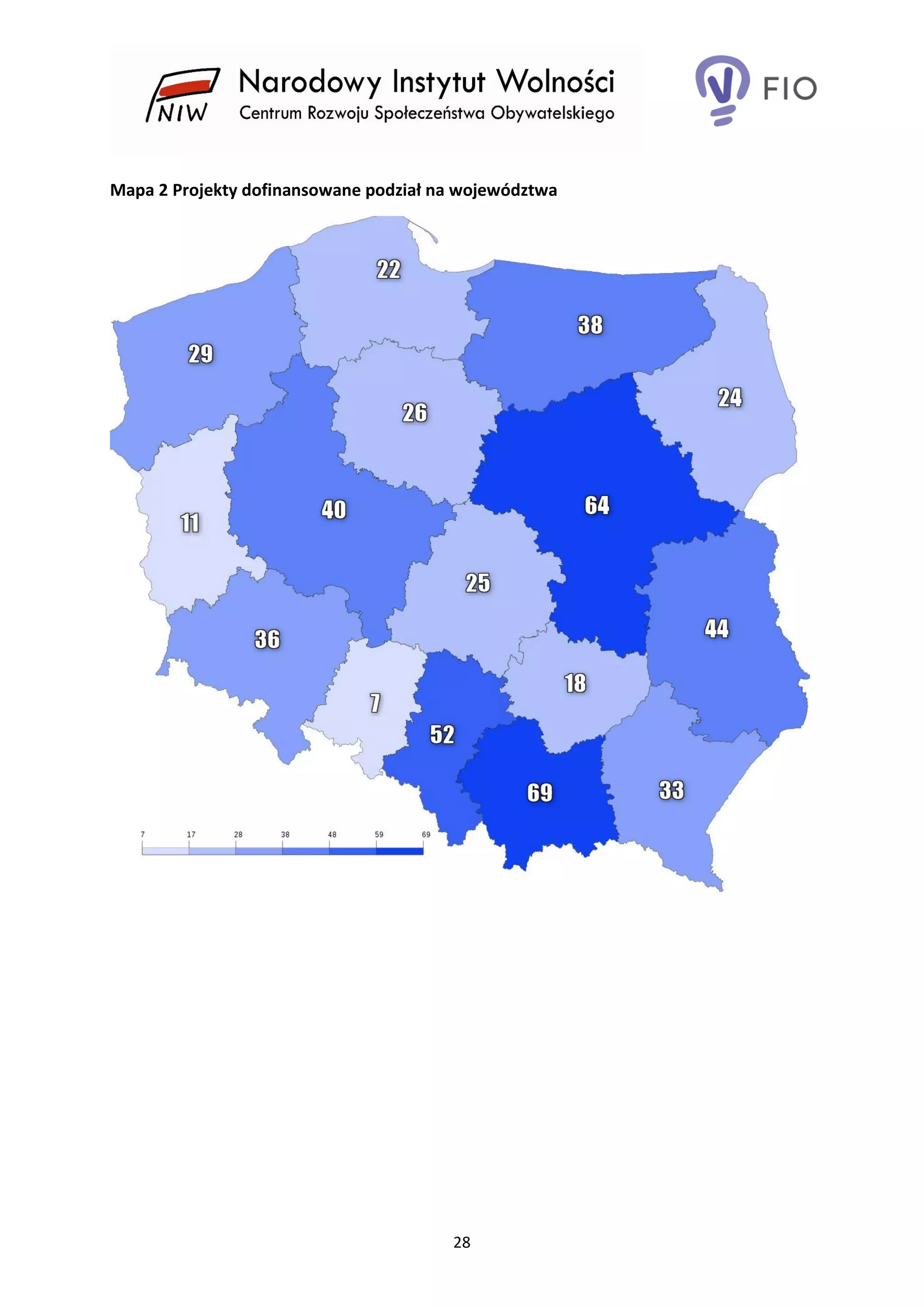 28
Mapa 2 Projekty dofinansowane podział na województwa
 