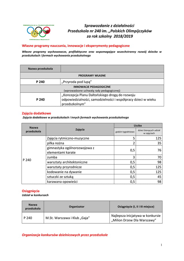 Sprawozdanie przedszkole 2018 2019 | PDF