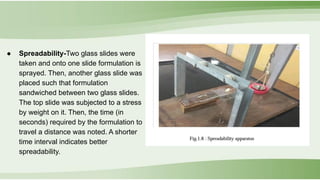 ● Spreadability-Two glass slides were
taken and onto one slide formulation is
sprayed. Then, another glass slide was
placed such that formulation
sandwiched between two glass slides.
The top slide was subjected to a stress
by weight on it. Then, the time (in
seconds) required by the formulation to
travel a distance was noted. A shorter
time interval indicates better
spreadability.
 