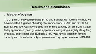 Results and discussions
. Selection of polymers
i. Comparison between Eudragit S-100 and Eudragit RS-100 In the study, we
have selected 2 grades of eudragit for comparison- RS-100 and S-100. As
Eudragit RS-100 was having good film forming capacity but on drying it gave
tacky appearance (dried glue-like appearance and giving a slightly sticky feel).
Whereas, on the other side Eudragit S-100 was having good film forming
capacity and did not give tacky appearance on drying as compare to RS-100.
 