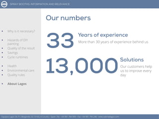 Equipos Lagos SA, P.I. Bergondo, ES 15165, A Coruña – Spain. Tel.: +34 981 784 909 - Fax: +34 981 795 248 - www.cabinaslagos.com
More than 30 years of experience behind us
Our customers help
us to improve every
day
 Why is it necessary?
 Hazards of DIY
painting
 Quality of the result
 Savings
 Cycle runtimes
 Health
 Environmental care
 Quality rules
 About Lagos
 