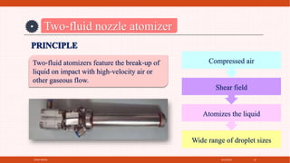 4/21/2021
SPRAY DRYER 19
Two‐fluid nozzle atomizer
Two‐fluid atomizers feature the break‐up of
liquid on impact with high‐velocity air or
other gaseous flow.
Wide range of droplet sizes
Atomizes the liquid
Shear field
Compressed air
 