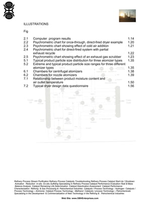 ILLUSTRATIONS
Fig
2.1
2.2
2.3
2.4
2.5
5.1
5.2
6.1
6.2
7.1
7.2

Computer program results
Psychrometric chart for once-through, direct-fired dryer example
Psychrometric chart showing effect of cold air addition
Psychrometric chart for direct-fired system with partial
exhaust recycle
Psychrometric chart showing effect of an exhaust gas scrubber
Typical product particle size distribution for three atomizer types
Extreme and typical product particle size ranges for three different
atomizer types
Chambers for centrifugal atomizers
Chambers for nozzle atomizers
Relationship between product moisture content and
air outlet temperature
Typical dryer design data questionnaire

1.14
1.20
1.21
1.22
1.23
1.35
1.35
1.38
1.39
1.50
1.56

Refinery Process Stream Purification Refinery Process Catalysts Troubleshooting Refinery Process Catalyst Start-Up / Shutdown
Activation Reduction In-situ Ex-situ Sulfiding Specializing in Refinery Process Catalyst Performance Evaluation Heat & Mass
Balance Analysis Catalyst Remaining Life Determination Catalyst Deactivation Assessment Catalyst Performance
Characterization Refining & Gas Processing & Petrochemical Industries Catalysts / Process Technology - Hydrogen Catalysts /
Process Technology – Ammonia Catalyst Process Technology - Methanol Catalysts / process Technology – Petrochemicals
Specializing in the Development & Commercialization of New Technology in the Refining & Petrochemical Industries
Web Site: www.GBHEnterprises.com

 