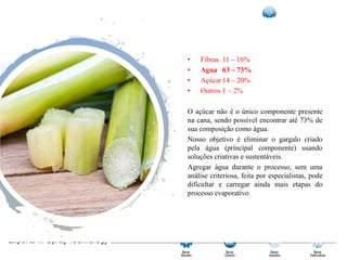 • Fibras 11 – 16%
• Agua 63 – 73%
• Açúcar14 – 20%
• Outros 1 – 2%
O açúcar não é o único componente presente
na cana, sendo possível encontrar até 73% de
sua composição como água.
Nosso objetivo é eliminar o gargalo criado
pela água (principal componente) usando
soluções criativas e sustentáveis.
Agregar água durante o processo, sem uma
análise criteriosa, feita por especialistas, pode
dificultar e carregar ainda mais etapas do
processo evaporativo
 