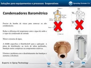 Precisa de bomba de vácuo para remover os não
condensáveis;
Reduz a diferença de temperature entre a água de saída e
o vapor de condensado de entrada
Menor consumo de água;
A SSBR especifica o DistriboJet® para a aplicação à
placa de distribuição, ao invés de tubos perfurados,
bandejas muito complexas ou componentes rotativos.
Elimina o problema com o desalinhamento das bandejas e
aumenta a eficiência
Condensadores Barométrico
Soluções para equipamentos e processos Evaporativos
 