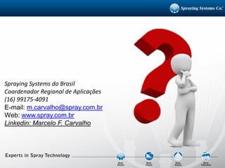 Spraying Systems do Brasil
Coordenador Regional de Aplicações
(16) 99175-4091
E-mail: m.carvalho@spray.com.br
Web: www.spray.com.br
Linkedin: Marcelo F. Carvalho
 