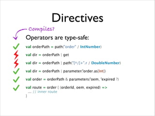Directives
Compiles?

Operators are type-safe:	

val orderPath = path("order" / IntNumber)
val dir = orderPath | get
val dir = orderPath | path("[^/]+".r / DoubleNumber)
val dir = orderPath | parameter('order.as[Int])
val order = orderPath & parameters('oem, 'expired ?)
val route = order { (orderId, oem, expired) =>
... // inner route
}

 