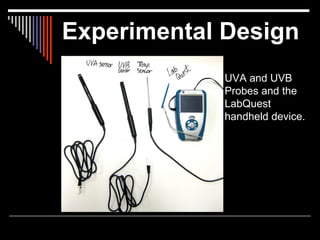 Experimental Design
             UVA and UVB
             Probes and the
             LabQuest
             handheld device.
 
