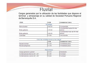 Cargos generados por la utilización da las facilidades que dispone el
terminal y almacenaje en su calidad de Sociedad Portuaria Regional
de Barranquilla S.A.
 