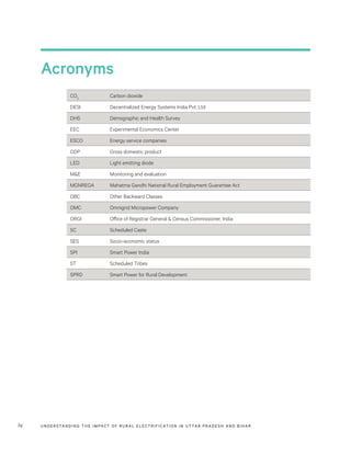 UNDER STANDING THE IMPACT OF RURAL ELECTRIFICATION IN UTTAR PRADESH AND BIHARiv
Acronyms
CO2
Carbon dioxide
DESI Decentralized Energy Systems India Pvt. Ltd
DHS Demographic and Health Survey
EEC Experimental Economics Center
ESCO Energy service companies
GDP Gross domestic product
LED Light emitting diode
M&E Monitoring and evaluation
MGNREGA Mahatma Gandhi National Rural Employment Guarantee Act
OBC Other Backward Classes
OMC Omnigrid Micropower Company
ORGI Office of Registrar General & Census Commissioner, India
SC Scheduled Caste
SES Socio-economic status
SPI Smart Power India
ST Scheduled Tribes
SPRD Smart Power for Rural Development
 