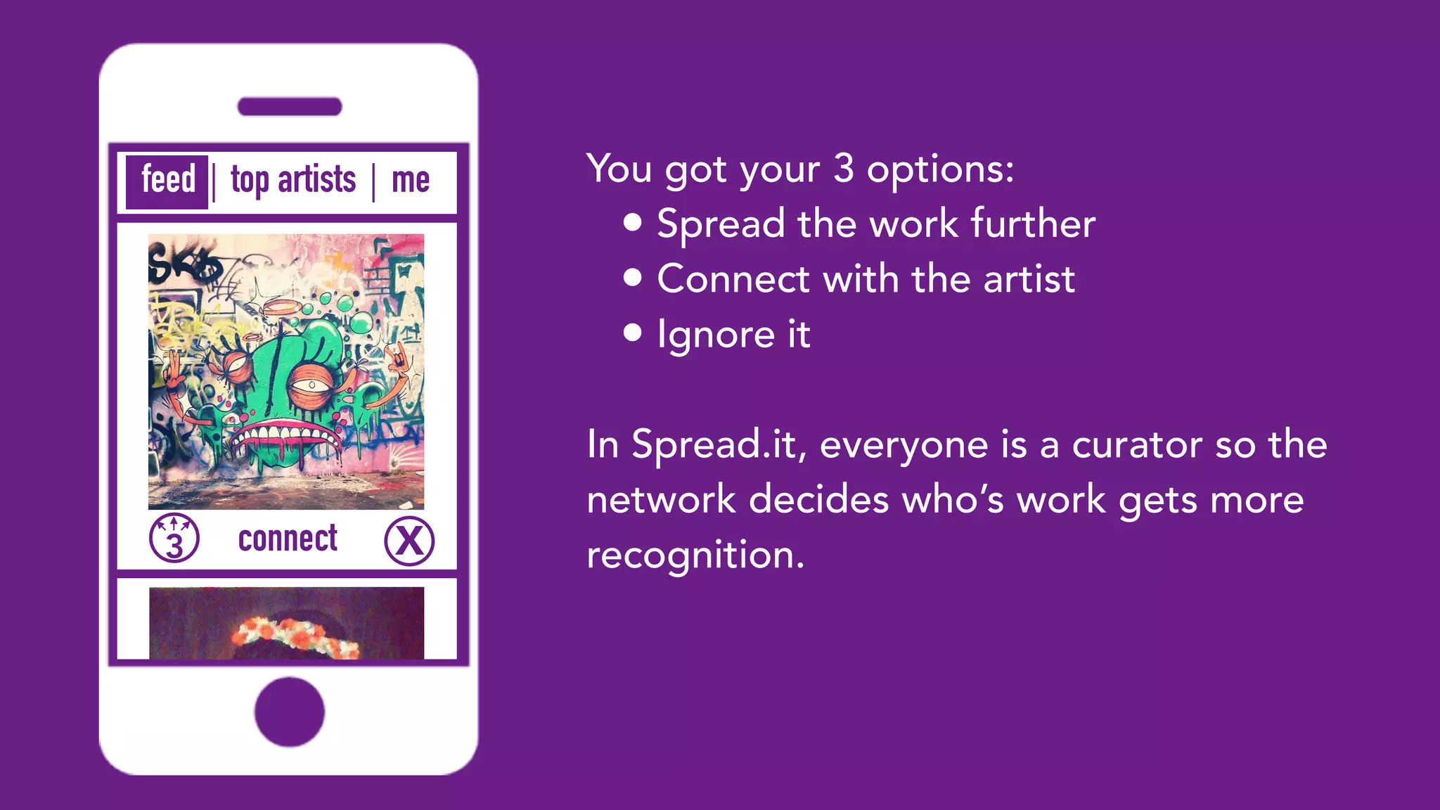 top artists me
3 Xconnect
feed You got your 3 options:
• Spread the work further
• Connect with the artist
• Ignore it
In Spread.it, everyone is a curator so the
network decides who’s work gets more
recognition.
 