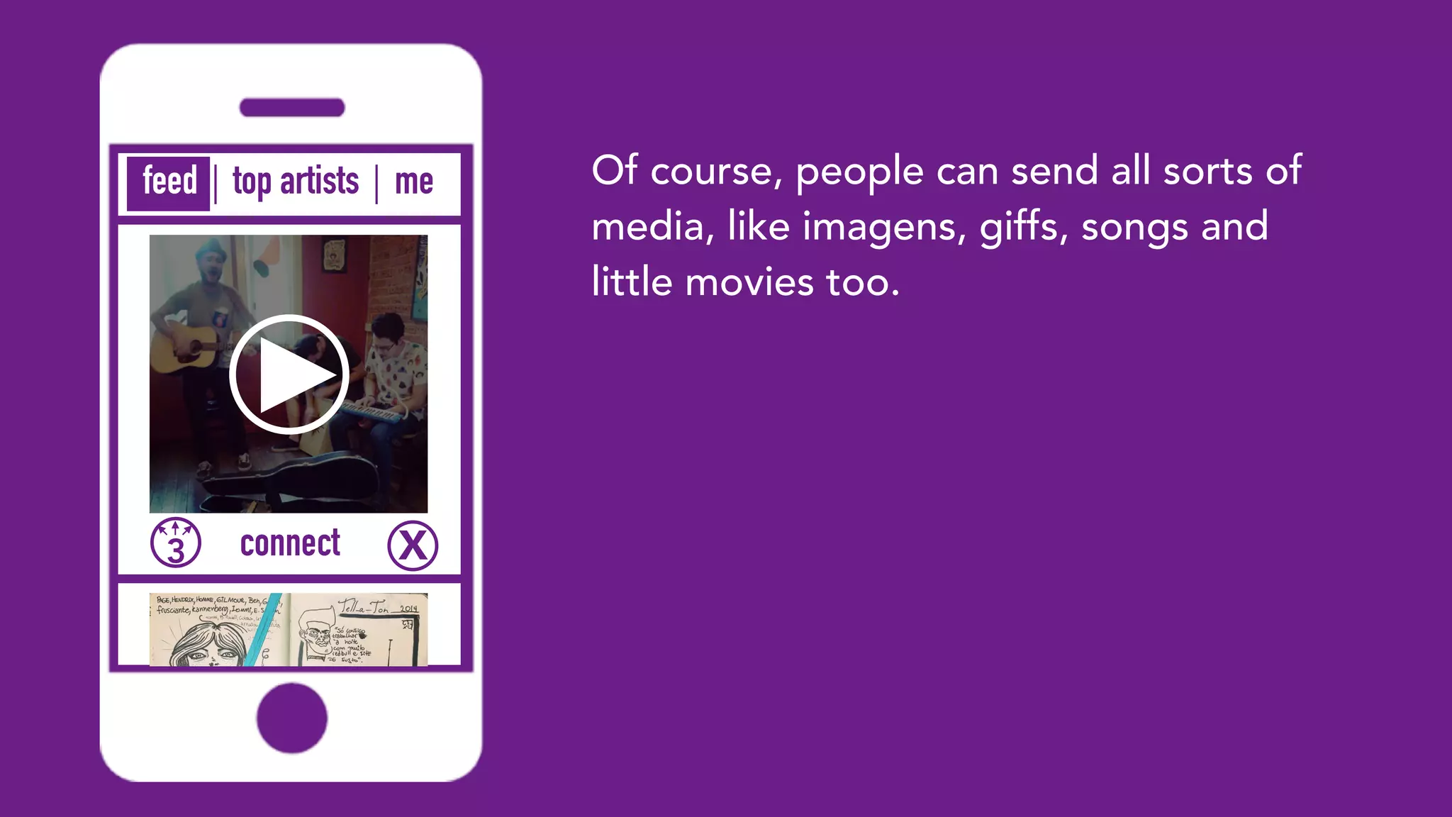 top artists me
3 Xconnect
feed Of course, people can send all sorts of
media, like imagens, giffs, songs and
little movies too.
 