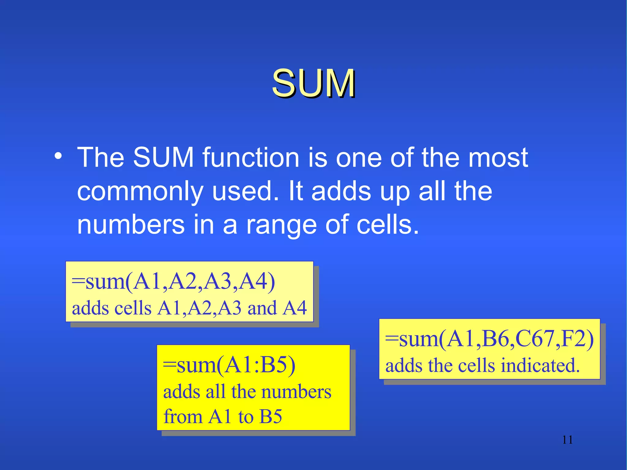 SUM The SUM function is one of the most commonly used. It adds up all the numbers in a range of cells. =sum(A1,A2,A3,A4) adds cells A1,A2,A3 and A4 =sum(A1,B6,C67,F2) adds the cells indicated. =sum(A1:B5) adds all the numbers from A1 to B5 