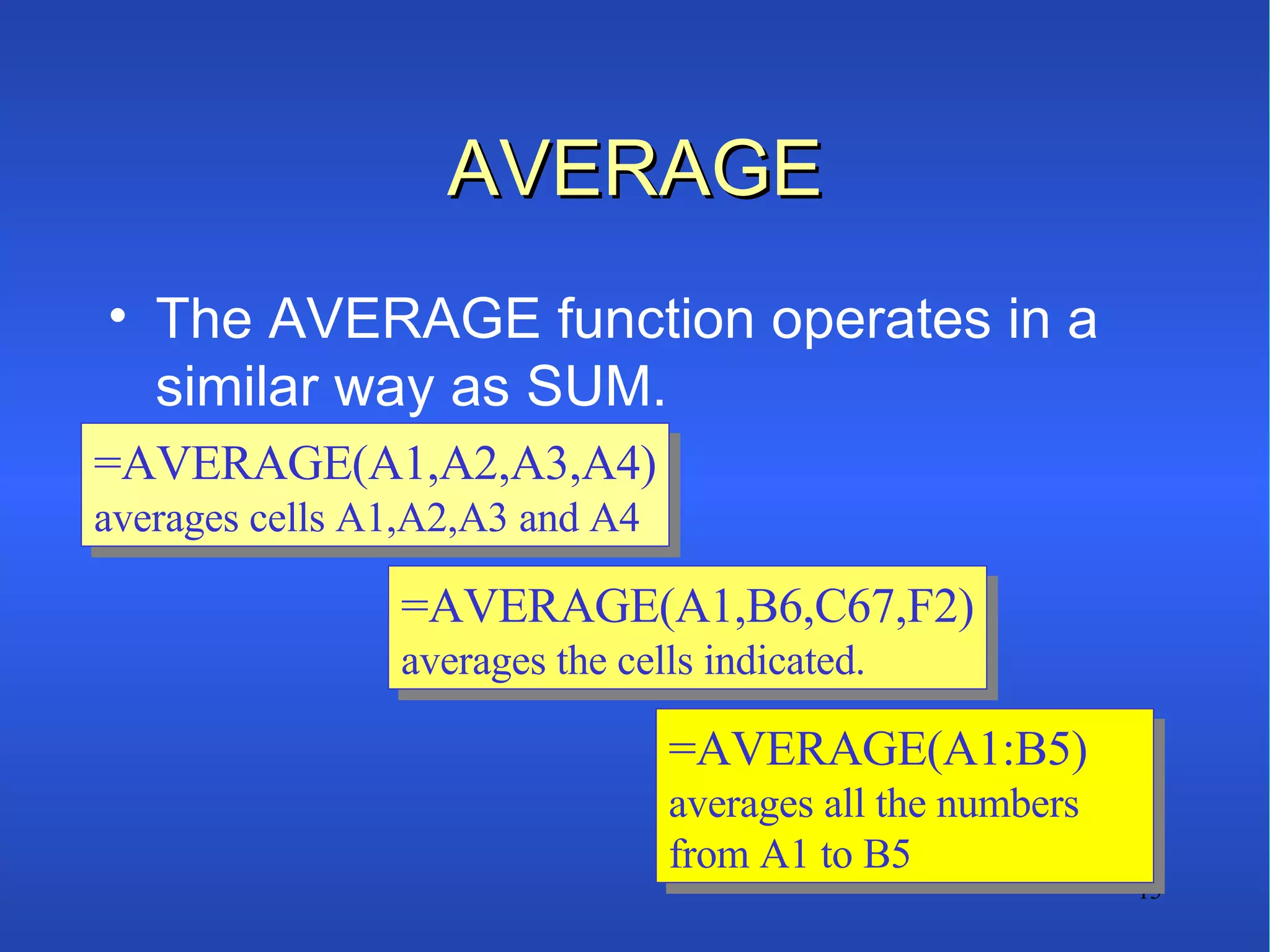 AVERAGE The AVERAGE function operates in a similar way as SUM. =AVERAGE(A1,A2,A3,A4) averages cells A1,A2,A3 and A4 =AVERAGE(A1,B6,C67,F2) averages the cells indicated. =AVERAGE(A1:B5) averages all the numbers from A1 to B5 