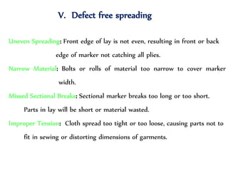 V. Defect free spreading
Uneven Spreading: Front edge of lay is not even, resulting in front or back
edge of marker not catching all plies.
Narrow Material: Bolts or rolls of material too narrow to cover marker
width.
Missed Sectional Breaks: Sectional marker breaks too long or too short.
Parts in lay will be short or material wasted.
Improper Tension: Cloth spread too tight or too loose, causing parts not to
fit in sewing or distorting dimensions of garments.
 