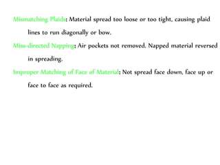 Mismatching Plaids: Material spread too loose or too tight, causing plaid
lines to run diagonally or bow.
Miss-directed Napping: Air pockets not removed. Napped material reversed
in spreading.
Improper Matching of Face of Material: Not spread face down, face up or
face to face as required.
 