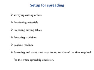 Setup for spreading
Verifying cutting orders
Positioning materials
Preparing cutting tables
Preparing machines
Loading machine
Reloading and delay time may use up to 70% of the time required
for the entire spreading operation.
 