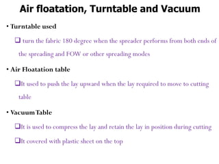 Air floatation, Turntable and Vacuum
• Turntable used
 turn the fabric 180 degree when the spreader performs from both ends of
the spreading and FOW or other spreading modes
• Air Floatation table
It used to push the lay upward when the lay required to move to cutting
table
• VacuumTable
It is used to compress the lay and retain the lay in position during cutting
It covered with plastic sheet on the top
 