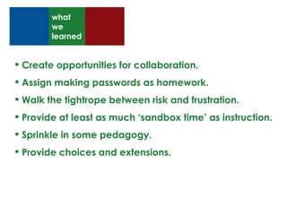 Create opportunities for collaboration. Assign making passwords as homework. Walk the tightrope between risk and frustration. Provide at least as much ‘sandbox time’ as instruction. Sprinkle in some pedagogy. Provide choices and extensions. what we learned 