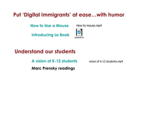 Put ‘Digital Immigrants’ at ease…with humor Understand our students How to Use a Mouse Introducing Le Book A vision of K-12 students Marc Prensky readings 