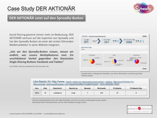 Social Sharing gewinnt immer mehr an Bedeutung. DER
AKTIONÄR vertraut auf die Expertise von Spreadly und
hat den Spreadly Button als einer der ersten führenden
Medienanbieter in seine Website integriert.
„Seit wir den Spreadly-Button nutzen, wissen wir
endlich, wer unsere Multiplikatoren sind. Ein
unschätzbarer Vorteil gegenüber den klassischen
Single-Sharing-Buttons Facebook und Twitter.“
DER AKTIONÄR setzt auf den Spreadly-Button
Ansprechpartner DER AKTIONÄR: Leon Müller – l.mueller@boersenmedien.de
Leon Müller, Business Development, Börsenmedien AG
Spreadly bietet umfangreiche Statistiken, aus denen Reichweiten und Nutzungs-Daten
sichtbar werden.
Dank des Spreadly-Buttons lässt sich exakt feststellen, wie oft ein einzelner Artikel geteilt wurde, welche
Reichweite dieser Share generierte und wie viele Clickbacks erzeugt wurden.
Case Study DER AKTIONÄR
 