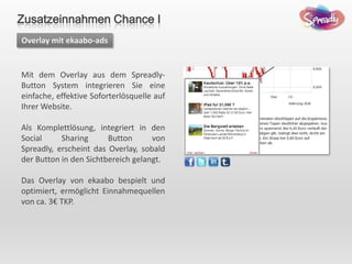 Mit dem Overlay aus dem Spreadly-
Button System integrieren Sie eine
einfache, effektive Soforterlösquelle auf
Ihrer Website.
Als Komplettlösung, integriert in den
Social Sharing Button von
Spreadly, erscheint das Overlay, sobald
der Button in den Sichtbereich gelangt.
Das Overlay von ekaabo bespielt und
optimiert, ermöglicht Einnahmequellen
von ca. 3€ TKP.
Overlay mit ekaabo-ads
Zusatzeinnahmen Chance I
 