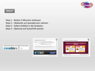 Ablauf
Step 1 – Button 3 Minuten einbauen
Step 2 – Webseite auf spreadly.com claimen
Step 3 – Sofort Einblick in die Analytics
Step 4 – Optional auf Gutschrift warten
 