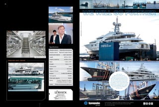 50
A custom-designed open tender, designed by Espen Øino International and
built by Windy Boats, offers full protection for guests from the elements when
needed – the yacht spends large amounts of time at anchor – by way of its
sliding roof, the interior sporting Hermès upholstery and fixtures.
Technical issue | tender
Specifications
Designer exterior	 Espen Øino International
Designer interior	 Reymond Langton Design
Construction material	 steel / aluminium
Length	 65.99 m / 216'5''
Length in waterline	 64.50 m / 211'6''
Beam	 11.60 m / 38'1''
Draught	 3.40 m / 11'2''
Displacement	 1,404 t
Speed	 16.5 knots
Range at 12 knots	 4,000 nm
Engines	 2 x MTU 12V 4000 M63
Fuel capacity	 119,000 l
Fresh water capacity	 18,600 l
Berths	 2 owner, 10 guests in 5 cabins,
	 17 members of crew in 9 cabins
Tender	 Windy 26 ft limousine tender (8 m)
SUPER YACHT
“The layout reflects the family’s frequent use of the yacht and in particular the intense
use of external deck spaces where meals, entertainment and meetings go hand in
hand on a near continuous basis”, Øino states, adding that the decks are laid out to be
used in all weather conditions with various degrees of protection from the sun, wind,
rain, heat and cold, offering dining in two separate external locations to complement
the more formal Main deck dining setting.
Sky Lounge
The Bridge deck Sky Lounge is a bright, open area that continues the theme of the
Main Deck, connecting to the exterior with “oversize windows” and large sliding doors
onto the aft deck. Here, comfortable sofas face the large TV, which, when not in use, is
hidden behind marquetry panels depicting fish. The fully-integrated wheelhouse, with
captain's cabin immediately aft, provides twin raised seats on each side of the captain
so guests can enjoy being in the nerve centre while underway.
Lürssen Yachts
Phone +49 421 6604 166
E-mail yachts@lurssen.com	
Website www.lurssen.com
Espen Øino presenting ESTER III
Engine Room in 2 levels
©GuillaumePlisson
001
001001001
 