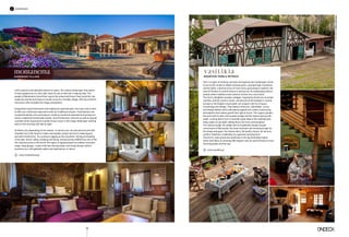 experience
Left to oblivion and absolute silence for years, this natural landscape, that seems
to have popped out of a fairy tale, waits for you to discover it step by step. The
people of Montanema found their way to the untouched forest; they found the raw
materials and the techniques to build a truly eco-friendly village, offering comforts
and luxury that complete the magic atmosphere.
Using three wood-fired ovens and traditional casserole pots, the local cook is here
to offer you a delicious experience with her traditional recipes. Food flavours are
complemented by wine and tsipouro made by small and awarded local producers.
Savour traditional homemade sweets, local herbal teas, extracts as well as special
cocktails while enjoying the sounds of jazz music in this magic landscape, starting
early in the morning until late at night.
Activities vary depending on the season. In autumn you can pick berries and wild
strawberries in the forest to make marmalade, juniper berries to make liqueur
and wild mushrooms. Try cycling or jogging on the mountain, fishing and boating
in the lake, horse-riding, climbing and hiking. Announced by UNESCO as one of the
five cleanest areas in the world, the region of Agrafa boasts an endless mountain
range, deep gorges, creeks with fast-flowing water, and shady forests while it
promises you unforgettable walks and explorations in nature.
	 www.montanema.gr
Set in a region of striking contrasts and spectacular landscapes, home
to two of the country’s oldest national parks, amongst high mountains,
serene lakes, a diverse array of rivers and a picturesque coastline, the
area of Pavliani in central Greece is famous for its outstanding natural
beauty where traditions and customs remain very much alive.
The farm’s delightful wooden cottages, inspired by American mountain
ranches, and the country house, reminiscent of farmsteads in central
Europe or the English countryside, are unique in terms of layout,
furnishings and fittings. They feature artworks, collectibles, curios
and design details which add special appeal and create a welcoming
atmosphere that makes guests feel right at home. The organic garden,
the pond with its dam and wooden bridge and the natural spring with
water running down from a mountain peak deep in the national park,
help create a truly idyllic setting that is far from commonplace.
The Taverna lodge, the stable with its traditional wooden facade
reminiscent of Normandy, the stone-built pen and drinking trough for
the sheep and goats, the cheese dairy, the poultry house, all serve to
confirm Vasilikia’s credentials as a genuine working farm.
The farm’s most prominent landmark is the log-built observation
tower that offers an amazing 360-degree view of central Greece’s most
stunning peaks and the sea.
	 www.vasilikia.gr
HANDMADE VILLAGE
montanema vasilikia
MOUNTAIN FARM  RETREAT
PhotoCreditsYiorgosMarkozanis
92
 