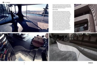 One K l eome nous is the first b uil ding to e nt e r the sal e s portfolio of Omnivie w
Investors and architects shared their love for the beautiful hill of
Lycabettus, which has been the driving force behind the creation
of this innovative building typology. The above mentioned issue of
hybrid aesthetics has been pursued via two main trajectories: the
design language, and the choice of materials.
Design Language
“We carefully studied the building positioning, orientation
and functions to develop our strategy for the facade. On the
city end of the plot, a vertical direct adjacency to an already
existing building inspired us to continue its form with a simple
planar surface. The proximity to the city fabric led to the use of
plain stucco, one of the city’s most popular materials. On the
forest end of the plot, the harsh volumes of the cantilevering
balconies, almost touched by the trees and forest vegetation,
needed to be geometrically manipulated in order to adopt
the fluid forms of the hill” explained Dimitri Tsigos, chief of
the architectural design team, and continued: “the SE side of
the building needed a cladding system that would filter the
direct sunlight and ensure the energy – efficient operation
of the building. While seeking inspiration in Lycabettus –
related items, an old topographic map of the hill grabbed
our attention. The inherent aesthetics of topographic map
contour lines was the source of our architectural metaphor;
we digitally created a facade landscape by assigning natural
morphing transition volumes between the blocky balcony
forms. We then sliced it up in multiple consequent sections to
the creation of our cladding system members. We added no
extra volume to the building, but unified the existing ones to
the creation of a natural looking geometry.
96
Design RESIDENCE
 