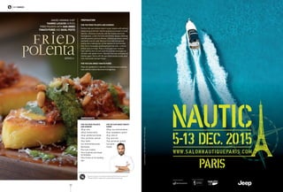 124
For the fried polenta and garnish
Put the milk and chicken stock in a pot, season with salt and
slowly bring to the boil. Add the polenta (cornmeal) in small
batches, whisking constantly until the mixture becomes
homogenous. Lower the heat and simmer, always whisking,
until the polenta starts to thicken. Add the parmesan cheese
and butter and stir well. Remove from heat and spread
evenly onto a baking tray. Let the polenta sit and become
firm. Cut in rectangles and bread each one with a mixture
of flour and cornmeal. Place a frying pan over medium
heat, add the olive oil and sauté the polenta rectangles on
all sides until golden brown. Remove from pan and place on
kitchen paper. Serve with the sun-dried tomato purée, pine
nuts, basil pesto and parmesan.
For the sun-dried tomato purée
Place all ingredients in a blender or food processor and mix
well until the mixture becomes homogenous.
Preparation
SERVES 4
INGREDIENTS
For the fried polenta
and garnish
150 gr. milk
450 gr. chicken stock
140 gr. polenta (cornmeal)
50 gr. parmesan, ground
30 gr. butter
Sun-dried tomato purée
Basil pesto
Pine nuts, roasted
Flour  polenta (cornmeal),
for breading
Flour  olive oil, for sautéing
Salt
For the sun-dried tomato
purée
250 gr. sun-dried tomatoes
30 gr. red peppers, grilled
25 gr. olive oil
15 gr. pine nuts
15 gr. parmesan, ground
3 gr. garlic
Thyme
* Yiannis Lucacos is an award-winning Chef and co-owner of
“Psomi  Alati” restaurant. www.yiannislucacos.gr
Chef OnDeck
Award-winning Chef
Yiannis Lucacos serves
Fried polenta with sun-dried
tomato puree and basil pesto
Fried
polenta
Conceptiongraphique:RémiBélair©StudioPRK-PhotoGettyImages
 