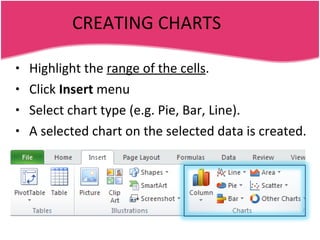 CREATING CHARTS Highlight the  range of the cells . Click  Insert  menu Select chart type (e.g. Pie, Bar, Line). A selected chart on the selected data is created. 