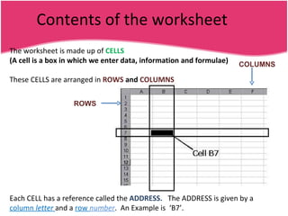 Contents of the worksheet The worksheet is made up of  CELLS (A cell is a box in which we enter data, information and formulae) These CELLS are arranged in  ROWS  and  COLUMNS ROWS COLUMNS Each CELL has a reference called the  ADDRESS.  The ADDRESS is given by a  column  letter  and   a  row  number .  An Example is  ‘B7’. 