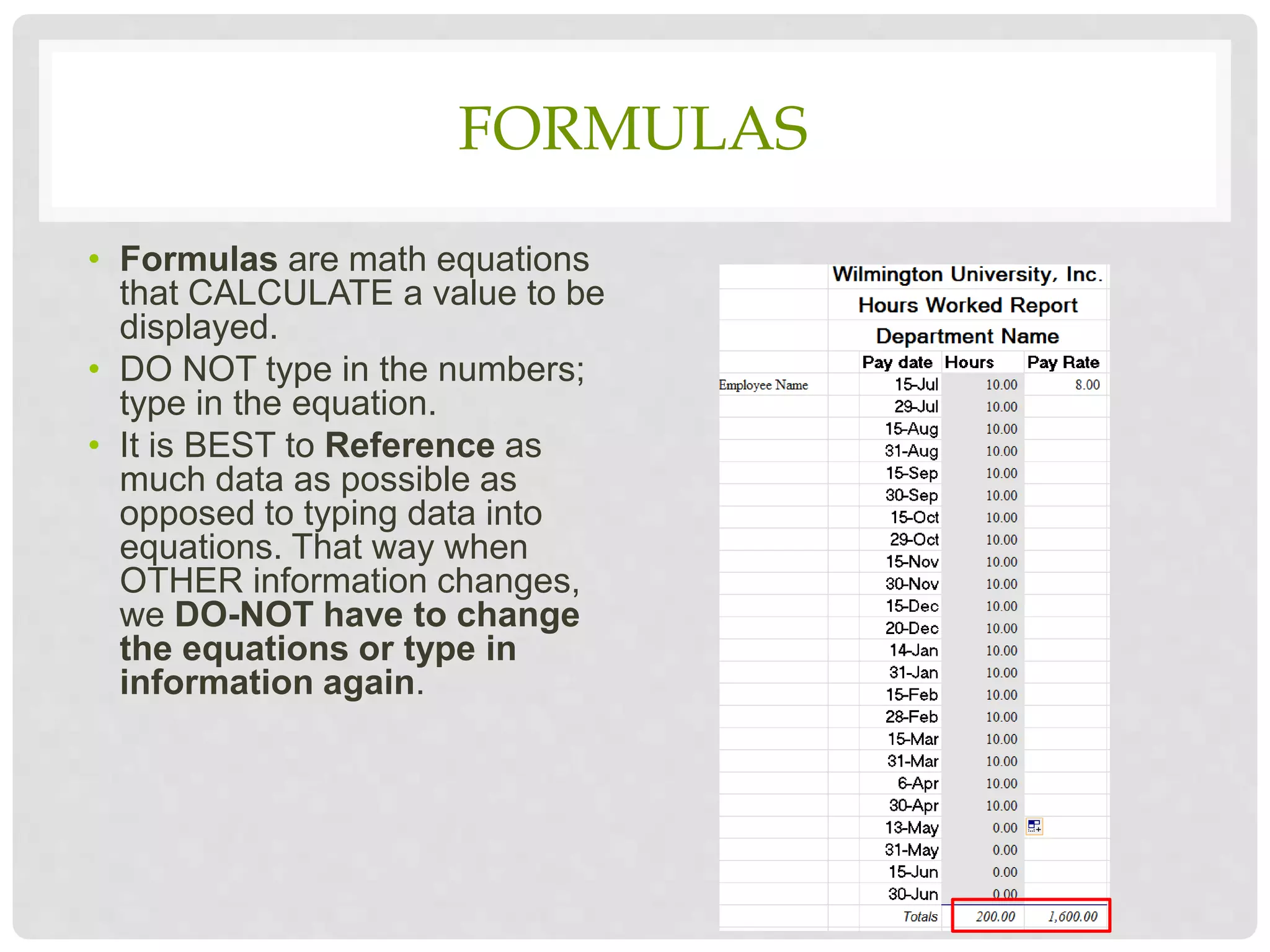 FORMULAS
• Formulas are math equations
that CALCULATE a value to be
displayed.
• DO NOT type in the numbers;
type in the equation.
• It is BEST to Reference as
much data as possible as
opposed to typing data into
equations. That way when
OTHER information changes,
we DO-NOT have to change
the equations or type in
information again.
 