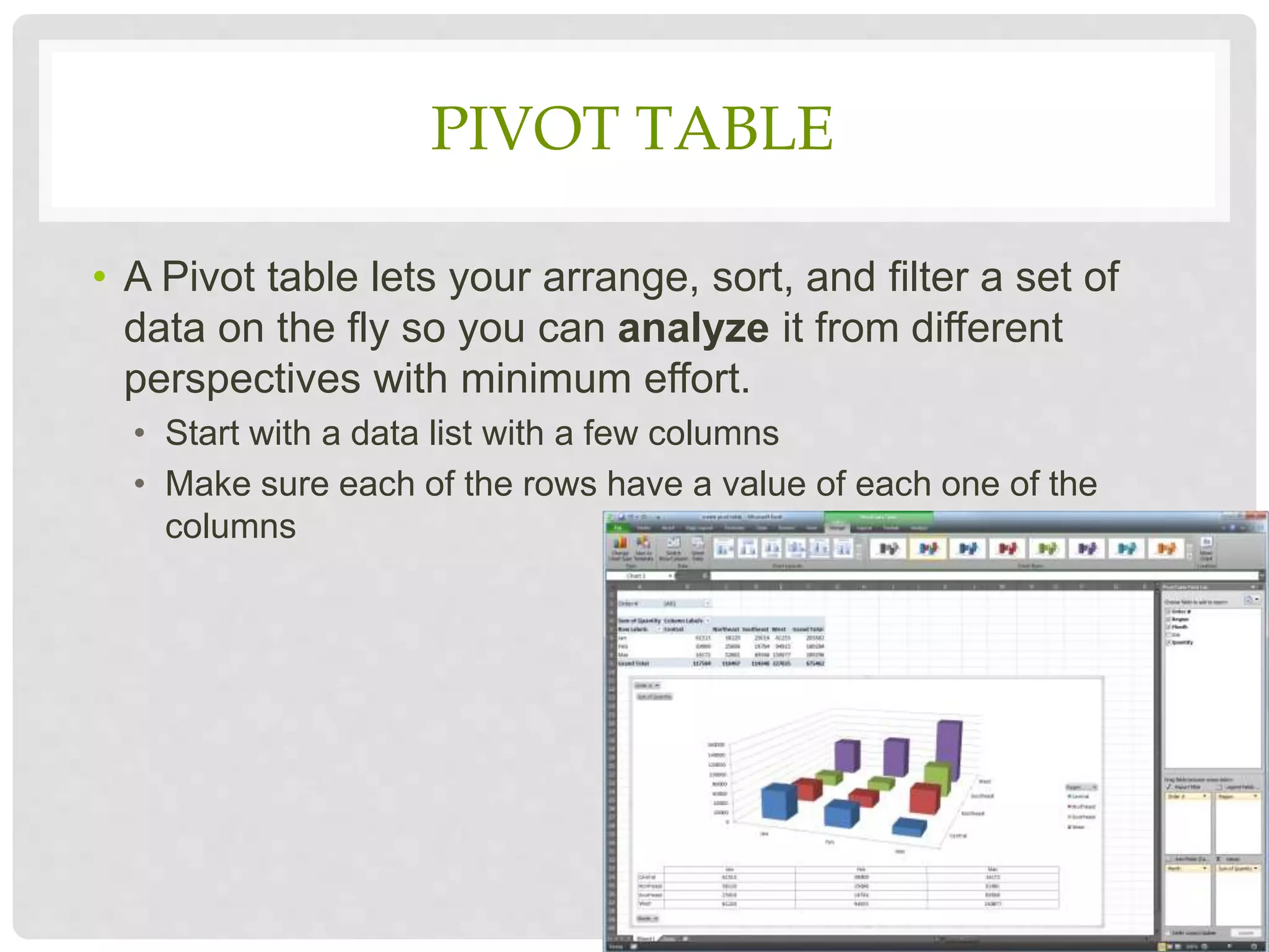 PIVOT TABLE
• A Pivot table lets your arrange, sort, and filter a set of
data on the fly so you can analyze it from different
perspectives with minimum effort.
• Start with a data list with a few columns
• Make sure each of the rows have a value of each one of the
columns
 