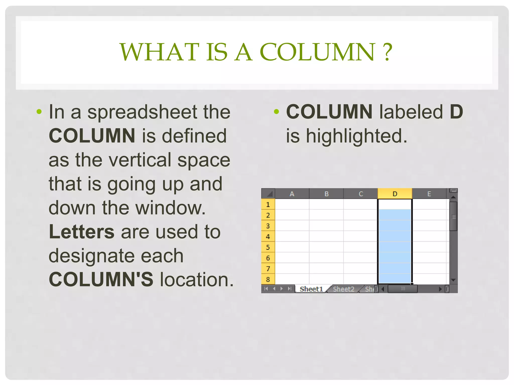 WHAT IS A COLUMN ?
• In a spreadsheet the
COLUMN is defined
as the vertical space
that is going up and
down the window.
Letters are used to
designate each
COLUMN'S location.
• COLUMN labeled D
is highlighted.
 