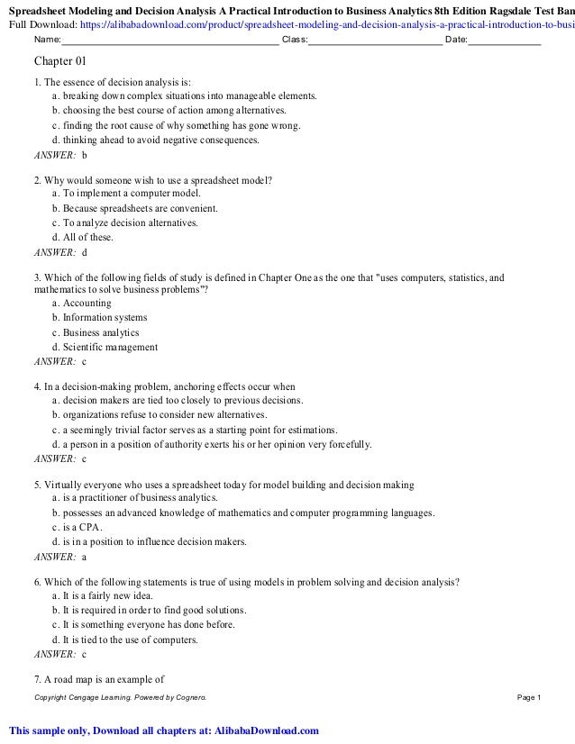 Spreadsheet Modeling And Decision Analysis A Practical Introduction T