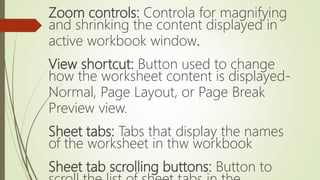 Zoom controls: Controla for magnifying
and shrinking the content displayed in
active workbook window.
View shortcut: Button used to change
how the worksheet content is displayed-
Normal, Page Layout, or Page Break
Preview view.
Sheet tabs: Tabs that display the names
of the worksheet in thw workbook
Sheet tab scrolling buttons: Button to
 