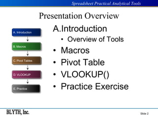 Presentation Overview Introduction Overview of Tools Macros Pivot Table VLOOKUP() Practice Exercise Slide  A. Introduction E.   Practice D .  VLOOKUP C .  Pivot Tables B .  Macros 