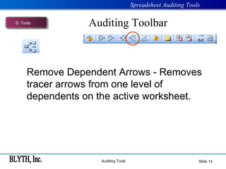 Auditing Toolbar Slide  Remove Dependent Arrows - Removes tracer arrows from one level of dependents on the active worksheet. D .  Tools 